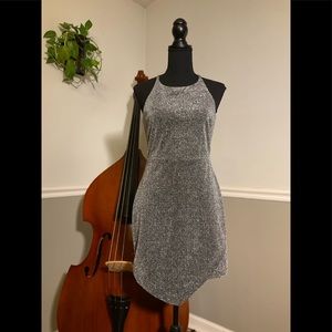 Express dress, silver sparkle fabric, halter neck & asymmetrical skirt, size 4